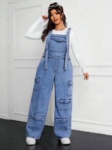 SHEIN EZwear Plus Size Denim Jumpsuit Simple And Fashionable Casual Everyday - Blue - View 4