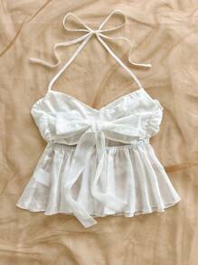 Soleia Women's Fashion Wall-Mounted Tops Chiffon Cut Flower Fabric Minimalist Sexy Vacation Back Tie Bow Summer Beach Wear Leisure Romantic, Spring