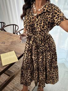 SHEIN Clasi 大码女式豹纹腰泡泡袖连衣裙