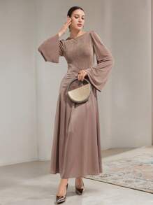 Modelyn Đầm dài tay loe cổ tròn màu trơn thanh lịch cho nữ - Màu Khaki - Xem 5