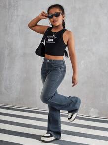 Tween Girl Retro Washed Denim Flared Jeans, Casual & Fashionable Design - Dark Wash - View 3