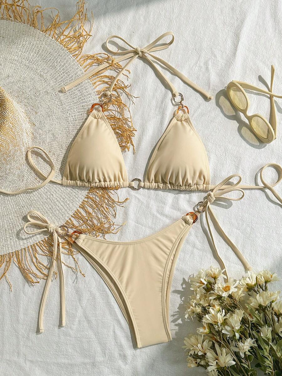 SHEIN Swim Set di bikini da donna in tinta unita con decorazione fibbia, ad alta elasticità, vintage, sexy, per spiaggia/vacanza, vacanze estive - Beige - Visualizzare 1