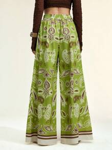SHEIN LUNE Fashionable Slimming Wide Leg Regular Women Floral Print Pants, Spring/Summer Vacation - Green - View 2