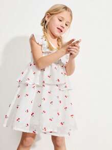 SHEIN 白色年轻女孩樱桃图案荷叶边下摆双层连衣裙 - 米色 - 查看 3
