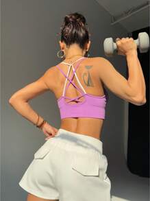 SHEIN Sovereign Charm Women's Everyday Fitness & Yoga Colorblock Sports Bra - Purple - View 3