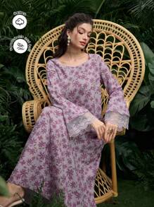 Al Najma New Style Loose Fit Round Neck Lace Trim Long Robe Dress, Arabian Dresses,Modest