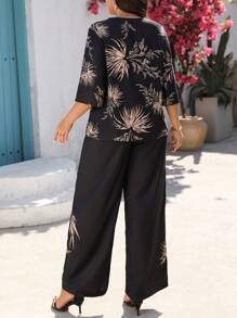 SHEIN LUNE Plus Size Tropical Print Top And Pants 2 Pieces Set - Black - View 2