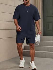 Manfinity Homme Men Casual Solid Drop Shoulder Tee & Shorts, Cozy Outfits - Navy Blue - View 3