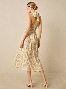 Poéselle Women's Romantic Yellow Ditsy Floral Ruched Waist Backless Halter Dress, Suitable For Vacation