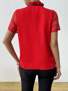 Calvaya Elegant Women Blouse, Contrast Lace Satin Ribbon Blouse, Romantic Stylish Shirt, Red Blouse