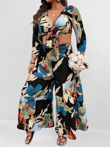 SHEIN Clasi 2pcs Plus Size Women Boho Casual Cropped Plant Print Top And Wide Leg Pants Co-Ord Set, For Summer - Multicolor - View 7