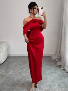 Elenzga Red Valentine's Day Dress With Neck Tie And 3D Floral Design