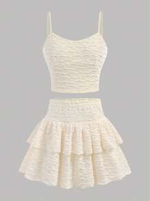 Girlism Teen Girls Apricot Jacquard Knit Textured Camisole With Ruffle Hem A-Line Cake Skirt Shorts 2 Pieces Set, Spring & Summer - Apricot - View 10