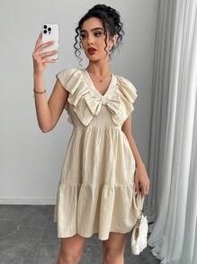 Chiquease Women's V-Neck Ruffle Hem Bow Mini Dress, Summer - Apricot - View 5