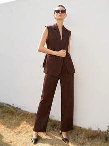 Aveloria Modichic Conjunto de 2 piezas para mujer para ir a trabajar, con chaqueta de metal con hebilla en el cuello en V sin mangas y pantalones de pierna ancha - Café integral - Ver 6