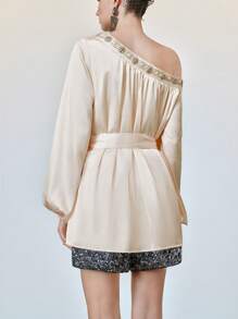 SHEIN LUNE High-End Asymmetrical Shoulder Embellished Long Sleeve Shirt Fall Cloth For Women - Apricot - View 2