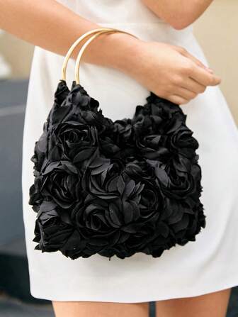 Elegant Rose Flower Clutch Purse, Women Formal Dress Party Handbag, Gentle Sweet Girl's Shoulder Bag, Solid Color Bucket Bag, Bridal Purse (Pattern Random)