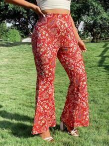 Breezaya Plus Size Women Retro Print High Waisted Flare Leg Long Knit Pants
