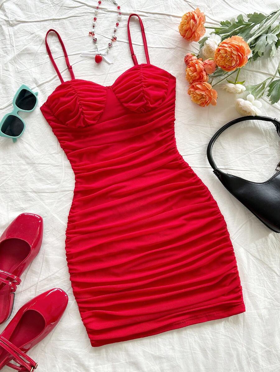 Soleia Mesh Ruched Strappy Mini Dress,Red,Summer,70's,Club Night,Party Disco,Bohemian,Music Festivals,Vacation,Holiday,Afternoon Tea,Date,Red Color Dress - Red - View 1