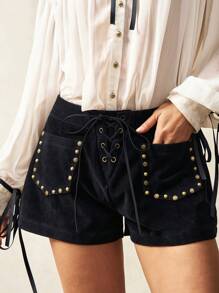 Bohemela 波西米亚风嬉皮铆钉细节系带高腰绒面短裤女式夏季服装短裤女式夏季服装短款服装女式短裤牛仔裤 - 黑色 - 查看 5