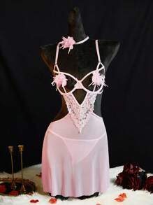 3pcs Set: Sexy Pink Mesh Hollow-Out Floral Print Dress, Thong & Necklace - Pink - View 8