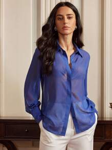 Anewsta Elaire Lightweight Luxury Glittery Chiffon Blue Long Sleeve Casual Sheer Women Blouse, Business Casual, Elegant, Spring