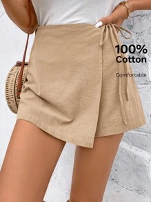 SHEIN Frenchy 打結側邊斜裁蝴蝶結綁帶短裙褲 - 卡其色 - 查看 7