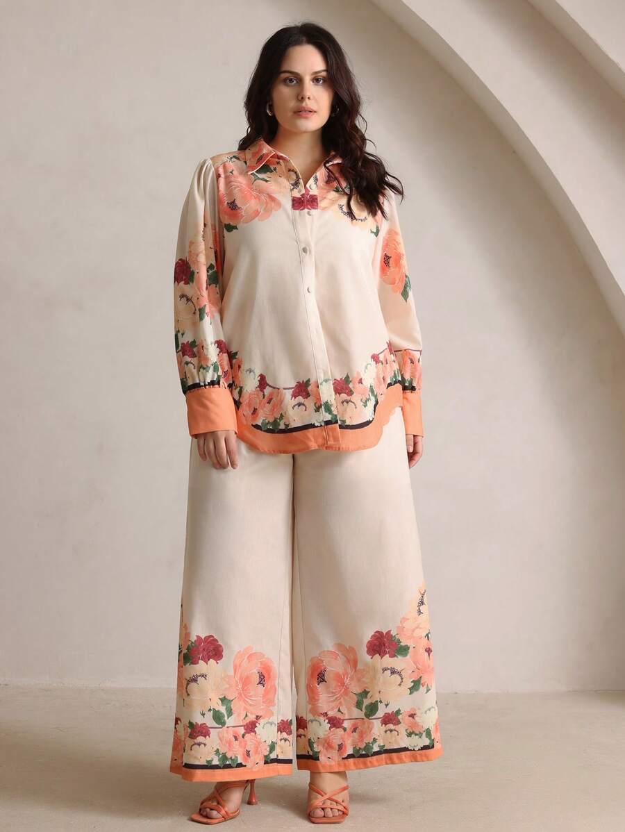 Anewsta Set de blusa y pantalones estampado floral de mujer tejido, estilo romántico de resort, primavera/otoño - Albaricoque - Ver 1
