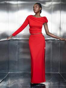 Maija Women's High Slit Bow Decorated Red Side Slit Skirt, Versatile All-Season Elegant Romantic Design, Fashionable Maxi Length Skirt, Suitable For Girlfriend Gifts, Valentine's Day Festival - Red - View 8