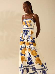CAJUNI Women's Boho Tropical Color Print, Halter Ultra Long Dress, Summer Casual, Beach Holiday Dress