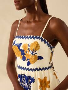 CAJUNI Women's Boho Tropical Color Print, Halter Ultra Long Dress, Summer Casual, Beach Holiday Dress