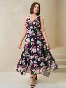 Chikora Spring Women's Black Base Red Chiffon Floral Print Sleeveless Plus Size Dress, Elegant Coat Beautiful Clothing Women Dresses Elegant Dresses Women Summer Dresses Women Summer Dresses Elegant Women Dresses Summer Dresses Plus Size Women Dresses Summer Elegant Women Dresses Holiday Dresses
