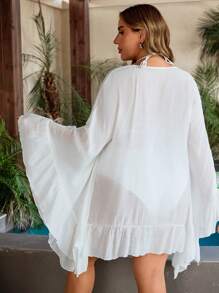 SHEIN Swim Vcay Plus Size Tie Neck Loose Ruffle Hem Patchwork Cover Up For Weddings, Summer Beach Vacation - White - View 2