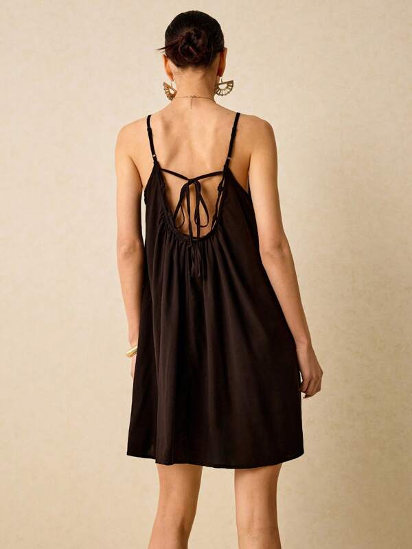 Poéselle Summer Black Loose  Linen Halter Dress Casual Comfortable Soaking Moisture Suitable For Holiday Daily Wear