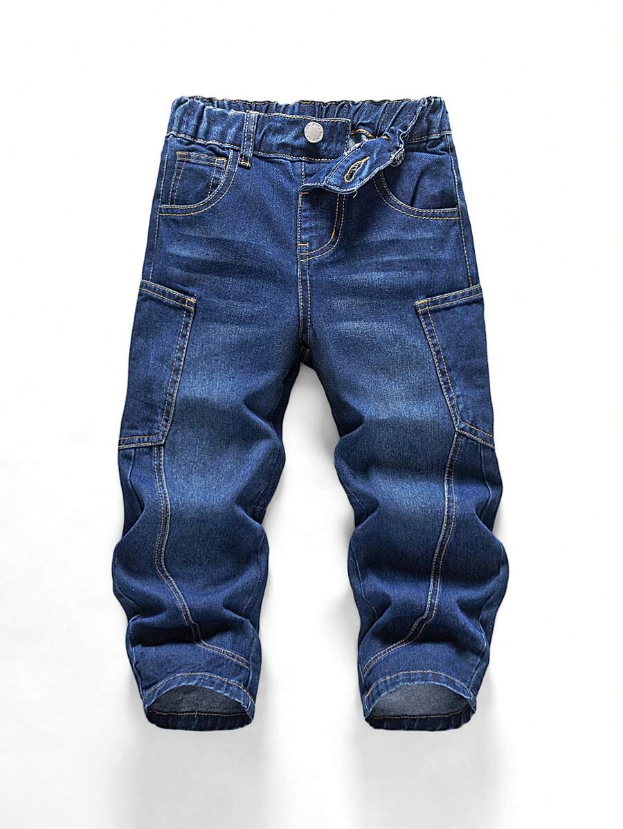 SHEIN 年轻男孩破洞休闲开叉设计洗水宽松蓝色牛仔弯刀裤，适合儿童春夏服装和街头服饰 - 深色水洗藍 - 查看 1
