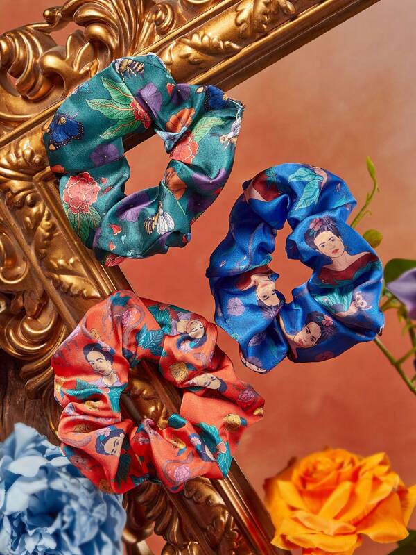 Frida Kahlo X SHEIN 3 buc eleganți de păr din satin moale cu imprimeu floral, elastici pentru coadă de cal, pentru uz zilnic