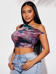 SHEIN SXY Blusa asimétrica de hombro abierto con estampado de teñido anudado en colores, versátil para uso casual, salidas, fiestas, clubes, citas, vacaciones, playa