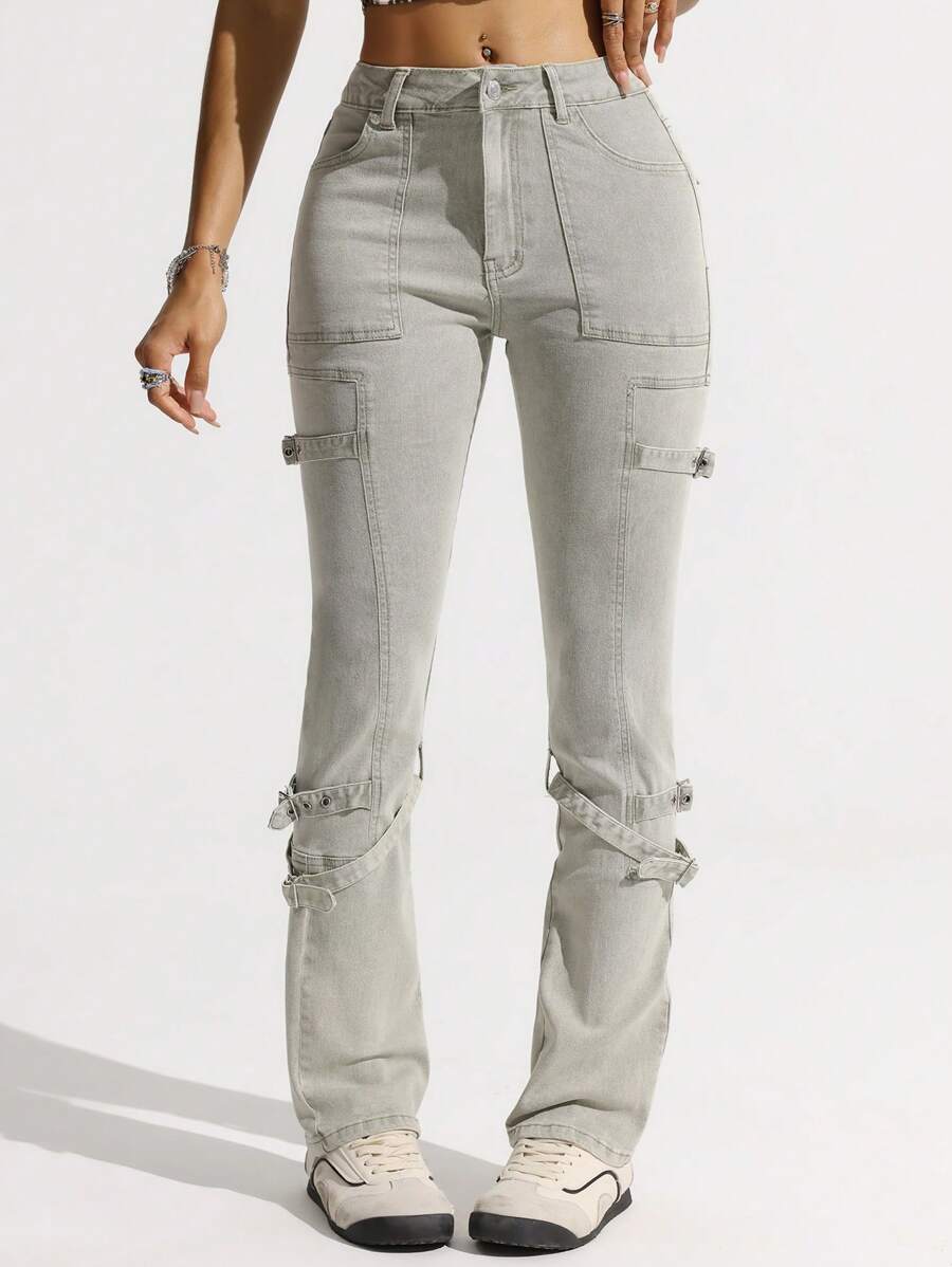 SHEIN EZwear 女士水洗做旧修身牛仔裤 - 綠色 - 查看 1