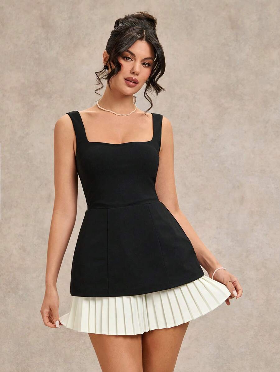 SHEIN BAE 女士黑白浪漫甜美约会装连衣裙，带荷叶边下摆，适合春、夏、秋季的分层单品 - 黑與白 - 查看 1