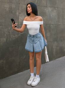 RueChic WOMEN MID WAIST FLOUNCE DETAIL DENIM SKIRT - Light Wash - View 1