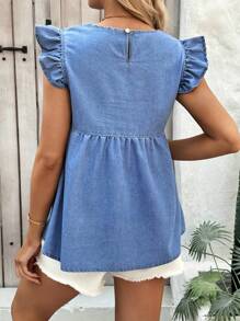 SHEIN Maternity Vacation Cap Sleeve Ruffle Hem Denim Blouse,Suitable For Parties, Holidays, Dates, Valentine's Day, Afternoon Tea, Summer / Summer Outfits / Summer Clothes,Spring / Spring Outfits For Women,Beach Outfits For Woman / Beach,Brunch Outfits For Women, Spring Break / Spring Break Outfits, Concert Outfit Women / Rave Outfits Festival / Country Concert Outfit / Ibiza Outfits / Nashville Outfits,Spring Outfits For Women / Spring,Summer Outfits For Women / Summer / Summer Clothes / Cute Summer Tops,Easter Dress / Easter / Easter Outfit Women,Concert Outfit Women / Rave Outfits / Rave Outfits Festival / Country Concert Outfit / Nashville Outfits / Ibiza Outfits,Western Wear Women / Western / Western Clothes For Women,Cowgirl Outfits For Women / Rodeo Outfits For Women / Cowgirl Outfit,Beach Outfits For Woman / Beach, Brunch Outfits For Women
