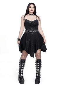 Whyspr Casual Punk Plus Size Women's Sexy Asymmetrical Hem Sequins Camisole Dress - Black - View 3