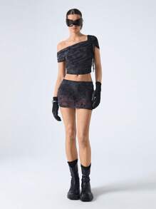 LYSMO Women Floral Print Asymmetrical Collar Drawstring Cropped Top And Midi Skirt Set - Black - View 1