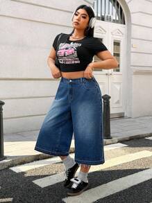 SHEIN EZwear Women's Plus Size Casual Loose Wide Leg Jeans - Dark Wash - View 1