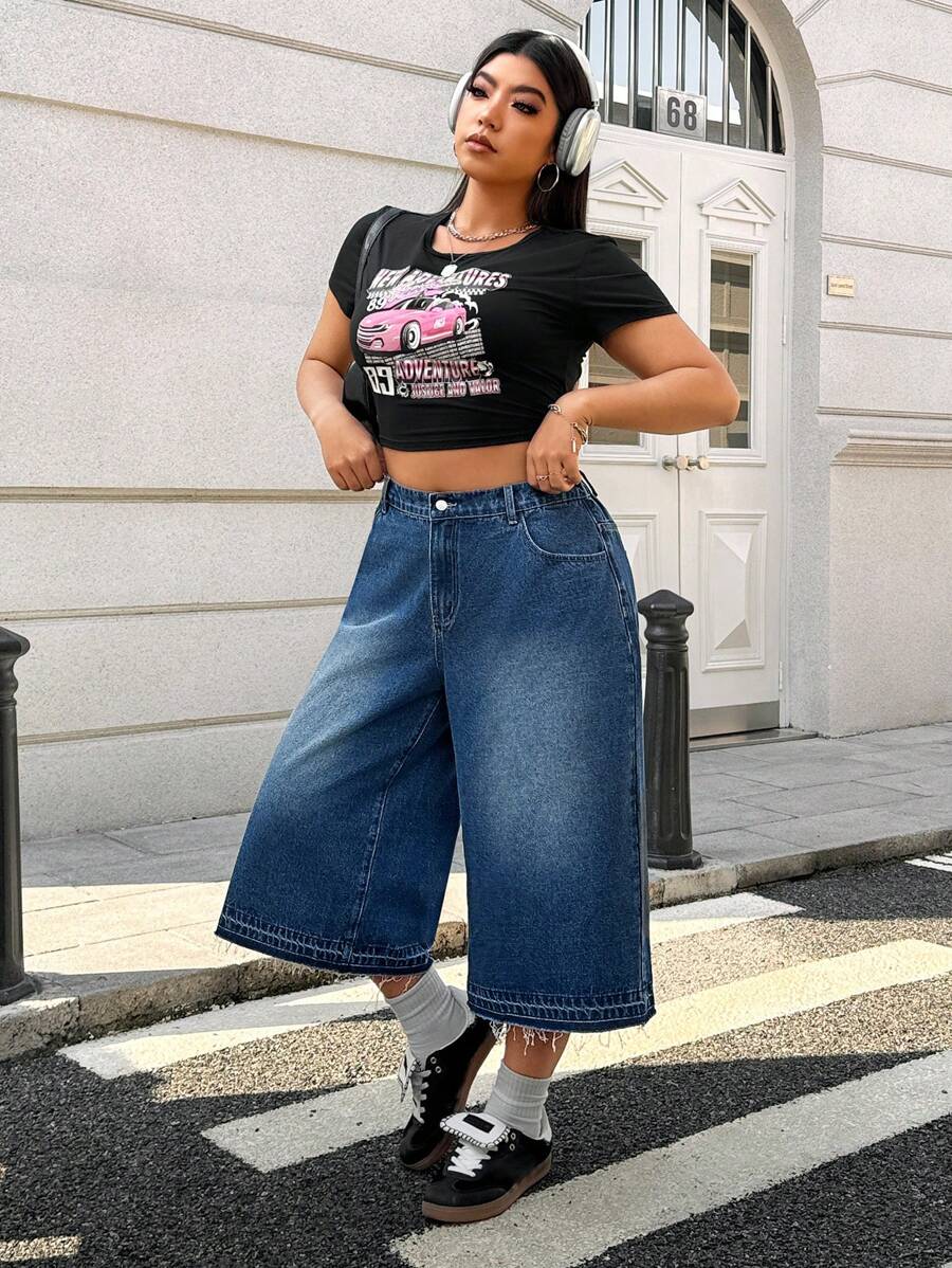 SHEIN EZwear Women's Plus Size Casual Loose Wide Leg Jeans - Dark Wash - View 1