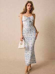 Poéselle Vestido maxi con estampado floral y detalles fruncidos - Vestido azul bebé, vestido de mujer en tonos pastel, elegante vestido maxi con cola de pez, ideal para fiestas de verano, elegante y casual, vestido maxi de cuello romántico para cóctel - Multicolor - Ver 4