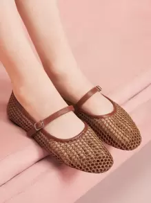 CUCCOO DOLLMOD Women's Flat Round Toe Woven Material Mary Jane Shoes, Simple Elegant Fashion For Vacation - Brown - View 1