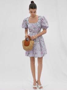 Chiquease Đầm mini nữ dáng chữ A, cổ vuông, tay bồng, tay ngắn, họa tiết hoa oải hương lãng mạn, phong cách Boho, họa tiết in toàn bộ, thích hợp mặc vào mùa hè, xuân, thu, thu đông - Nhiều màu - Xem 4