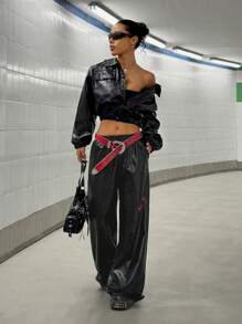 StreetHx 街头风格女款交叉宽松休闲皮裤 - 黑色 - 查看 5