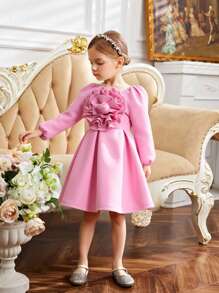 Vestido formal de una sola pieza elegante para niñas con aplicaciones florales de gran tamaño y mangas con volantes, apropiado para recitales de piano, desfiles de moda, fiestas de cumpleaños, estilo princesa